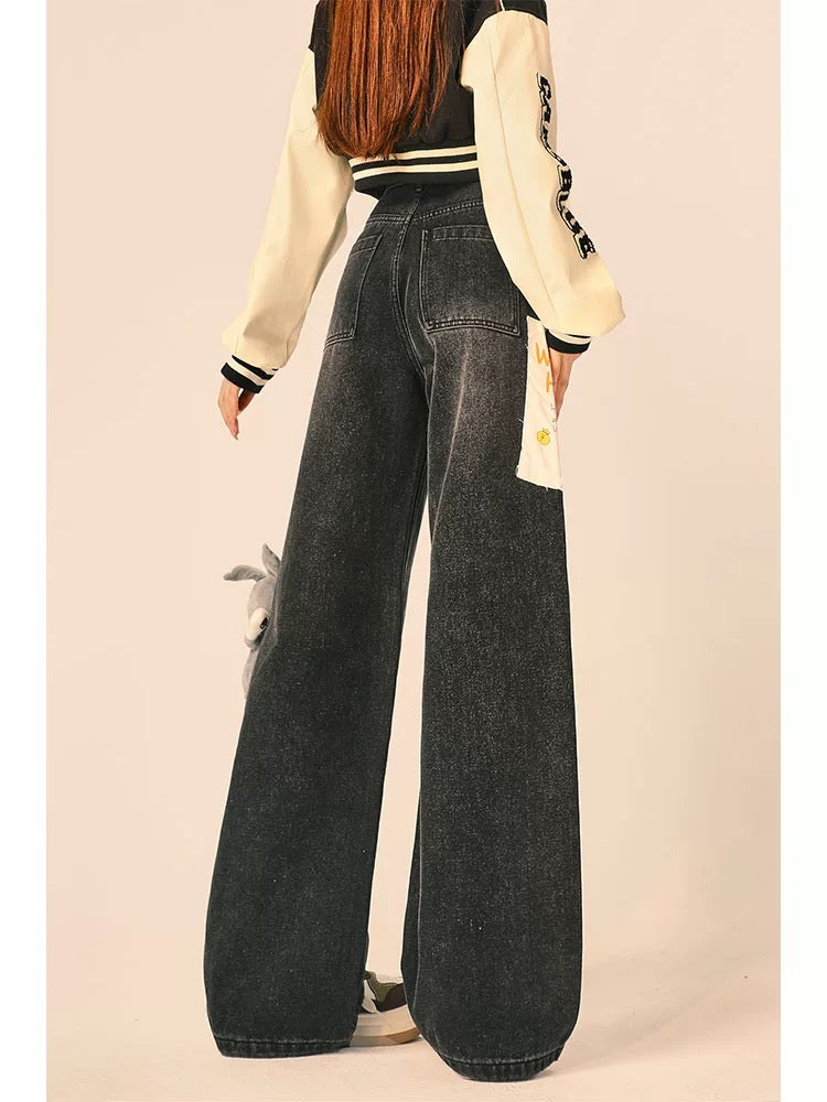 Black Graffiti American Jeans Summer 2024 New Women's Design Loose Straight High Waisted Wide Leg Pants