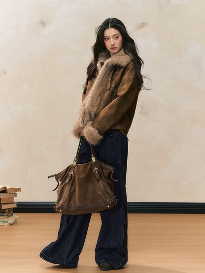 7Shiftin Original Design Autumn/Winter New American Retro Coat, Brown Slim Fit, Fur Trim Coat for Women