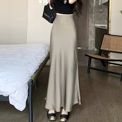 High-grade acetate satin skirt for women in summer, medium and long, small and drapey, A-line hip-wrapped fishtail long skirt