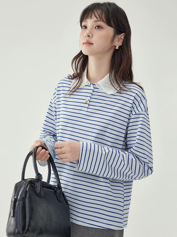 "Beijing AMUU original" splicing lapel blue striped long-sleeved T-shirt women's autumn new loose cotton top