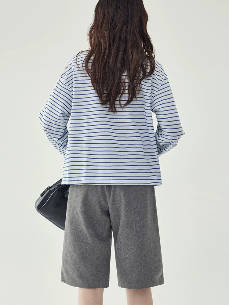 "Beijing AMUU original" splicing lapel blue striped long-sleeved T-shirt women's autumn new loose cotton top