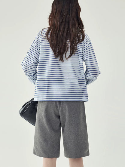 "Beijing AMUU original" splicing lapel blue striped long-sleeved T-shirt women's autumn new loose cotton top