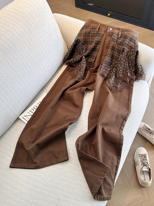 Stunning brown plaid patchwork lace-trimmed wide-leg pants for women, 2026 new style, unique design, casual pants.
