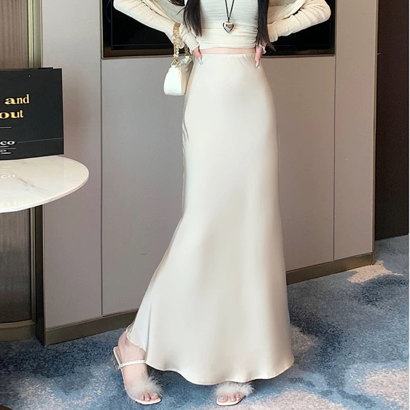 High-grade acetate satin skirt for women in summer, medium and long, small and drapey, A-line hip-wrapped fishtail long skirt