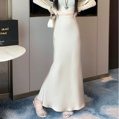 High-grade acetate satin skirt for women in summer, medium and long, small and drapey, A-line hip-wrapped fishtail long skirt