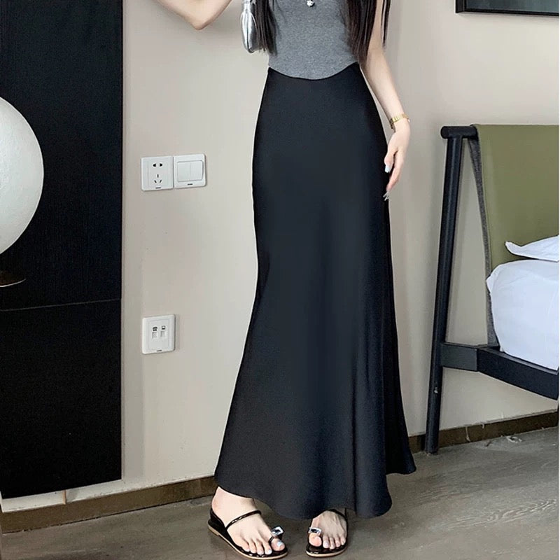 High-grade acetate satin skirt for women in summer, medium and long, small and drapey, A-line hip-wrapped fishtail long skirt