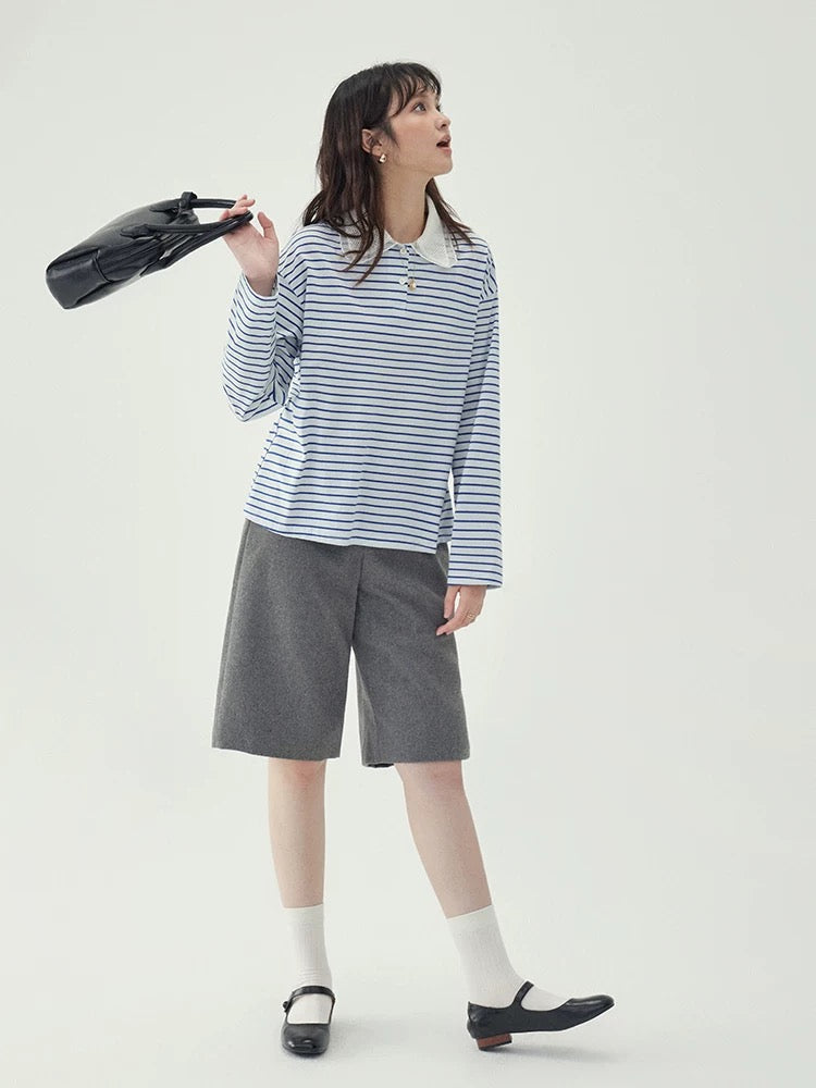 "Beijing AMUU original" splicing lapel blue striped long-sleeved T-shirt women's autumn new loose cotton top