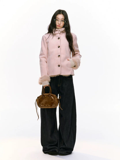 7Shiftin Original Design Autumn/Winter New Two-Tone Slim Fit Plush Coat, Warm Fur-lined Jacket for Women
