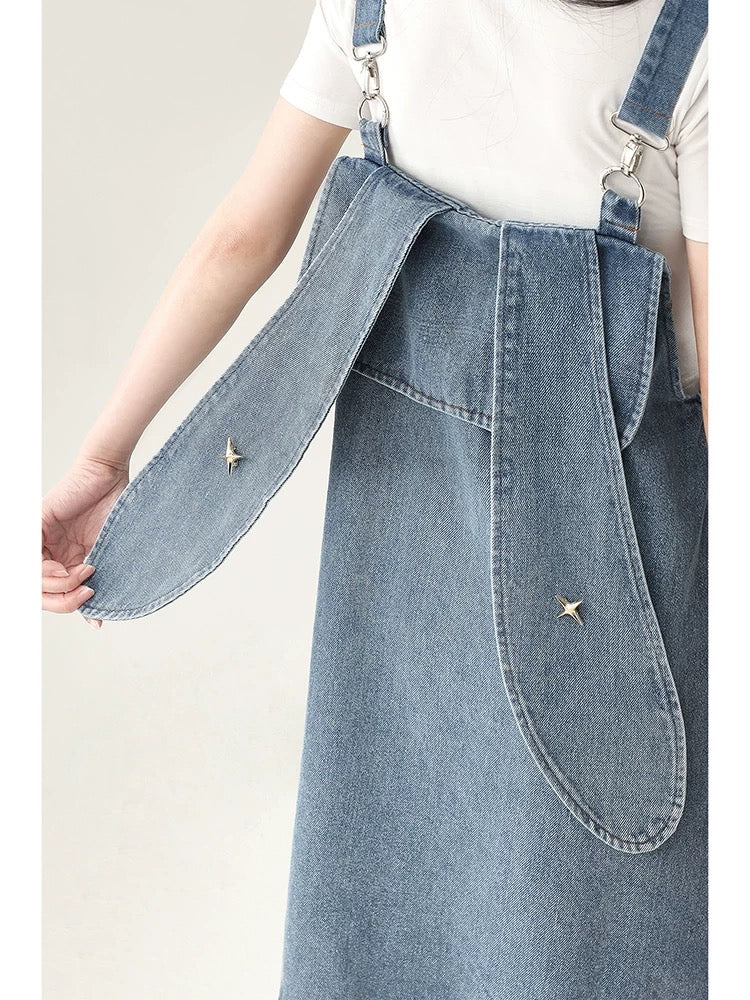 Dopamine wear denim overalls shorts women's summer bunny ears design cute Japanese small pants spring