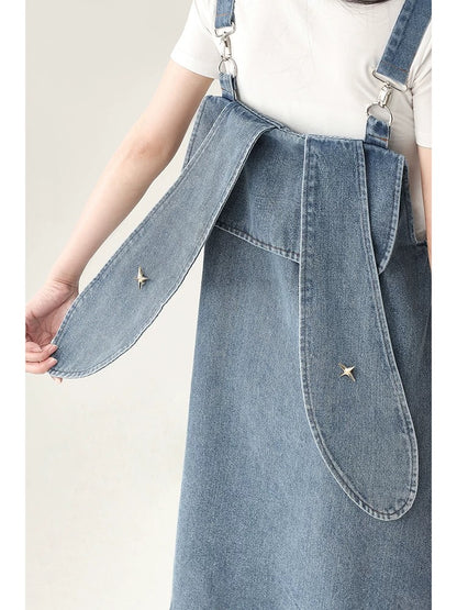 Dopamine wear denim overalls shorts women's summer bunny ears design cute Japanese small pants spring