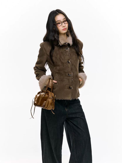 7Shiftin Original Design Autumn/Winter New Two-Tone Slim Fit Plush Coat, Warm Fur-lined Jacket for Women