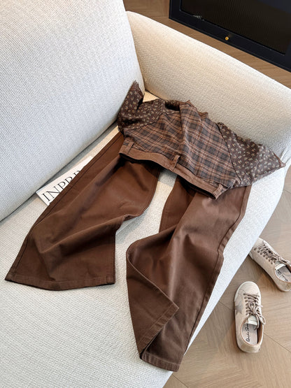 Stunning brown plaid patchwork lace-trimmed wide-leg pants for women, 2026 new style, unique design, casual pants.