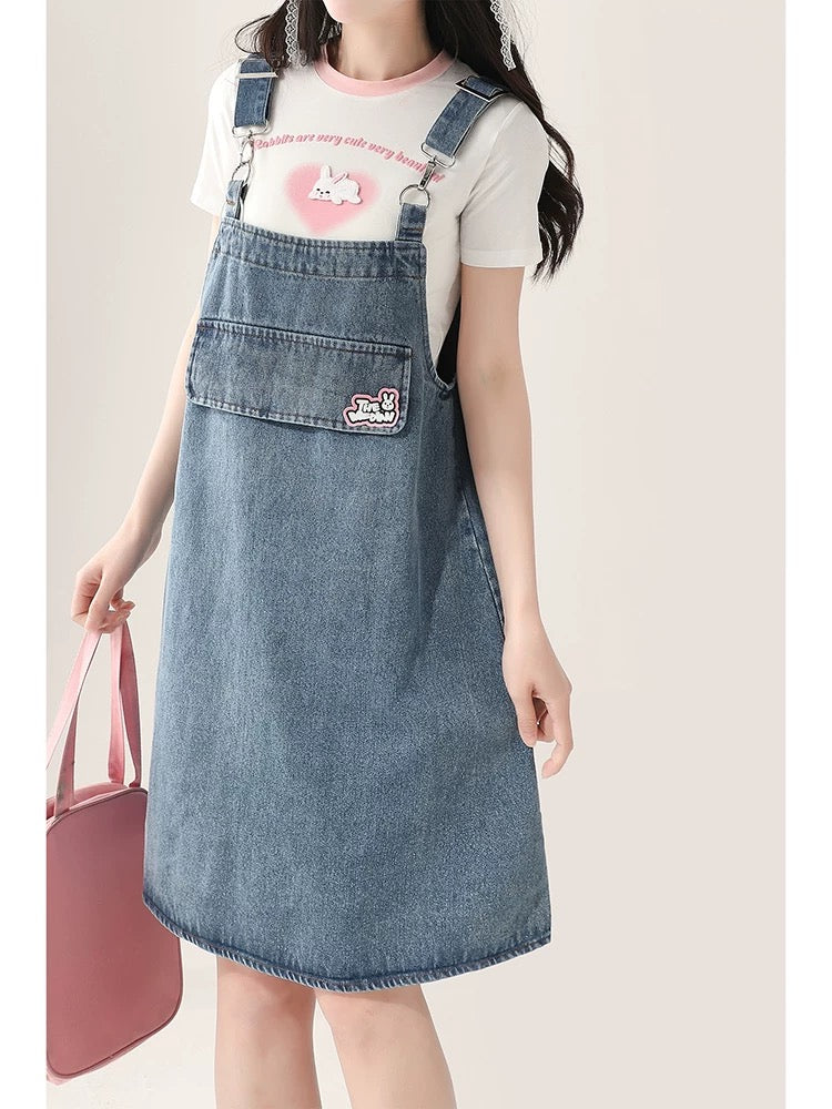Dopamine wear denim overalls shorts women's summer bunny ears design cute Japanese small pants spring