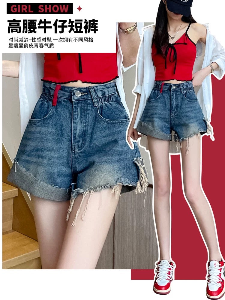 Pear-shaped A-line denim shorts for women 2025 summer thin loose high waist slim hot girl wide leg hot pants