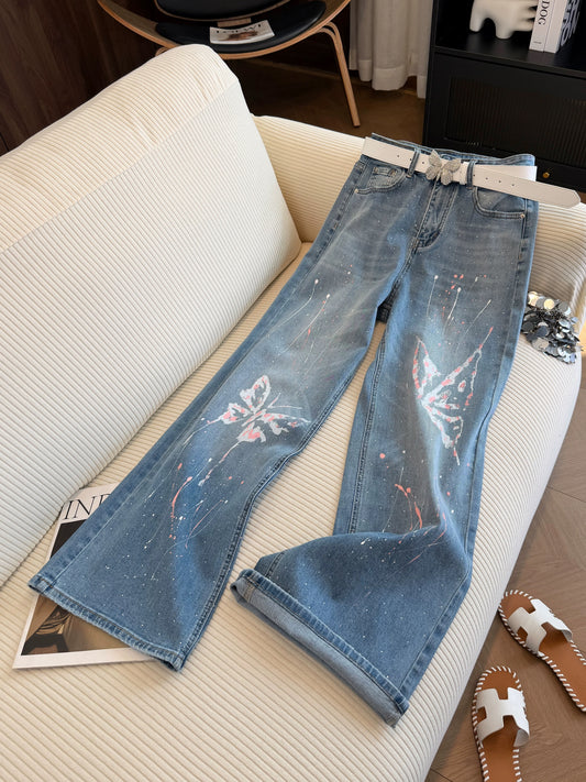 Blue butterfly print high-waisted straight leg jeans for women, new summer 2026 style, super cute wide-leg pants.