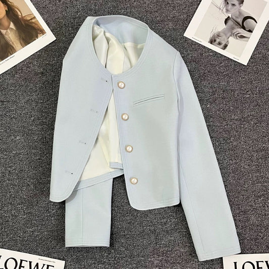 Light blue style suit jacket for women 2025 spring new style high-end small size super good-looking temperament suit