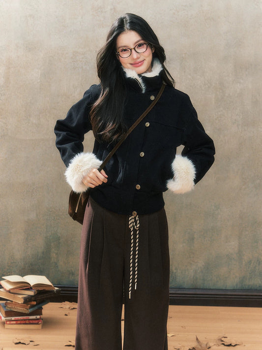 7Shiftin Original Design Autumn/Winter New Black Slim Fit Fur Jacket/Short Top for Women