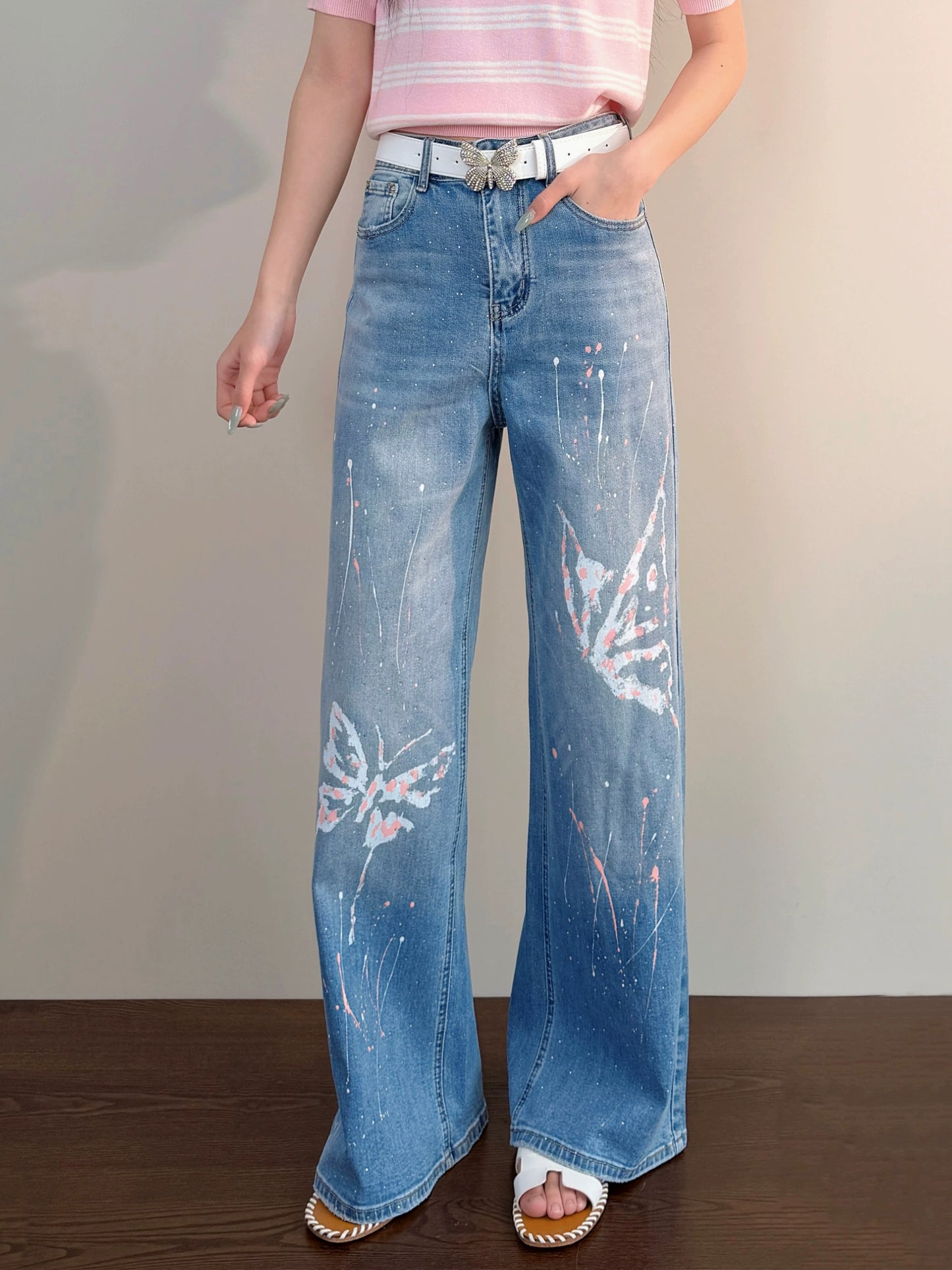 Blue butterfly print high-waisted straight leg jeans for women, new summer 2026 style, super cute wide-leg pants.