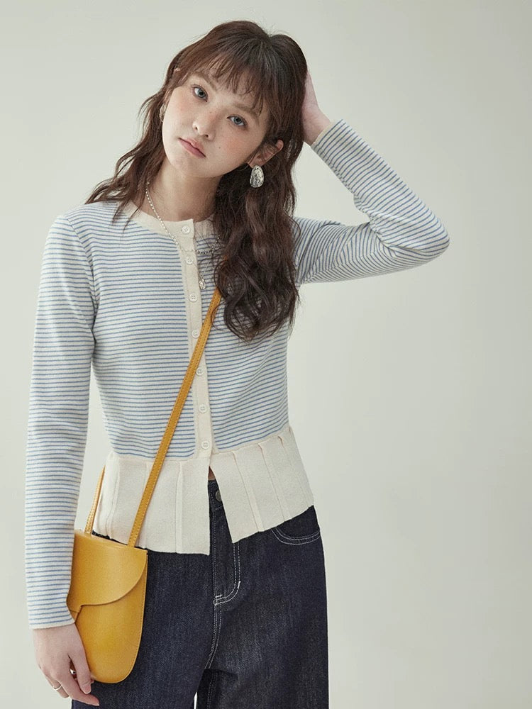 "Kitajima AMUU original" color matching striped pleated hem sweater women's autumn new niche long-sleeved top