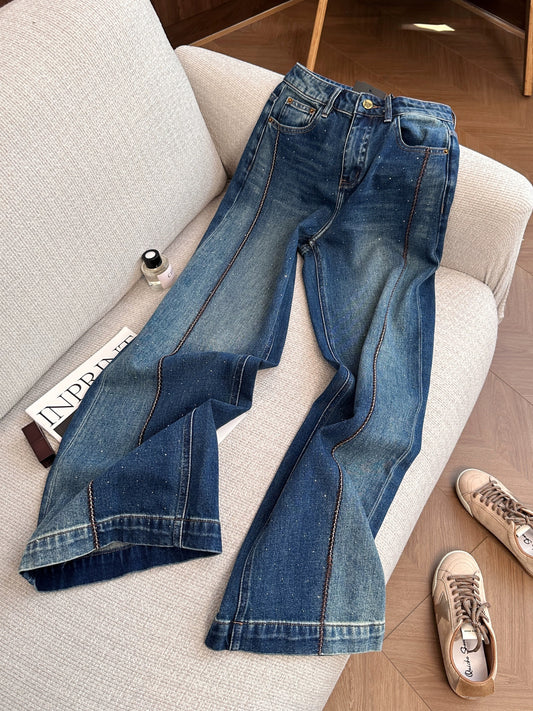Women's 2026 Summer New Style Color-Blocked Retro Rhinestone Straight Leg Jeans - Stylish Wide-Leg Pants