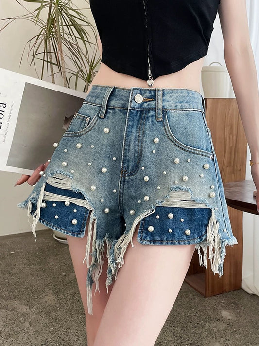 Retro pearl denim shorts women 2025 summer thin high waist design beaded hole a hot girl hot pants