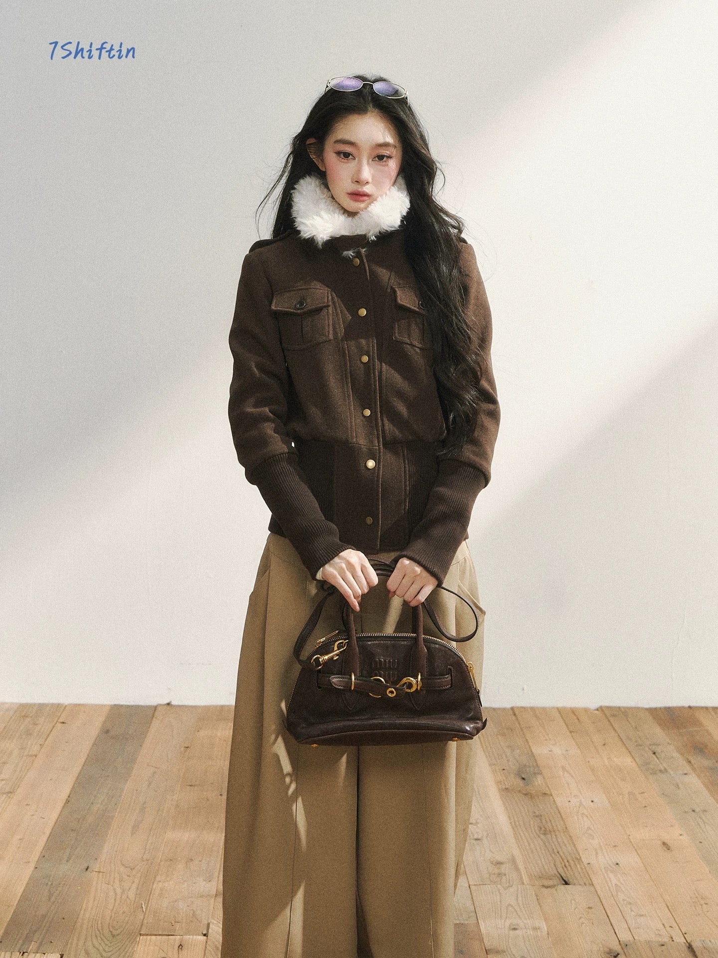 7Shiftin Original Design High-End Retro Casual Slim Fit Fashion Brown Wool Coat Top