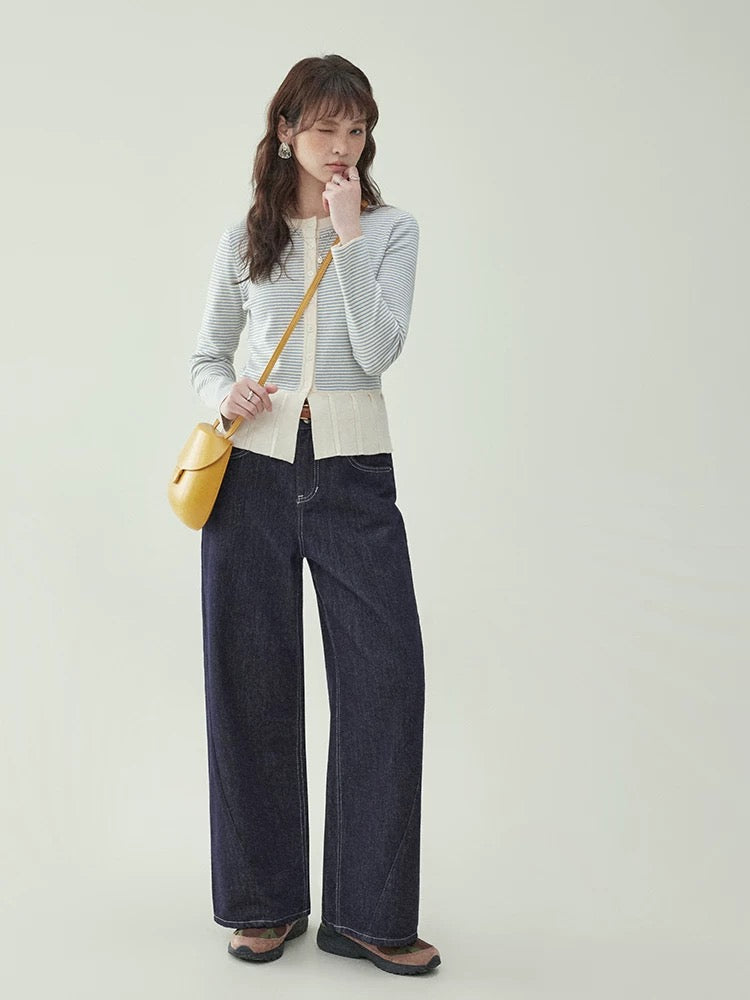 "Kitajima AMUU original" color matching striped pleated hem sweater women's autumn new niche long-sleeved top