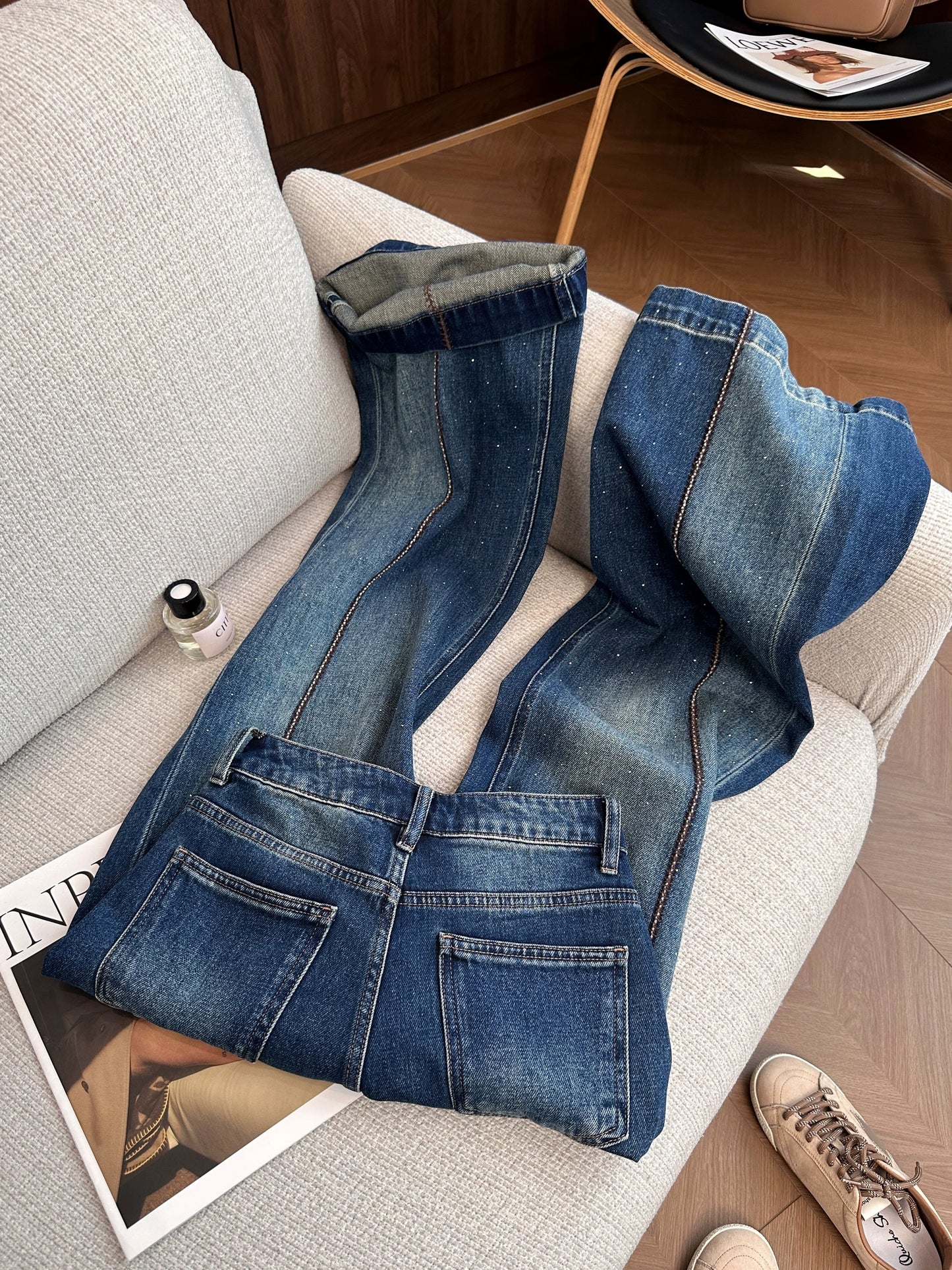 Women's 2026 Summer New Style Color-Blocked Retro Rhinestone Straight Leg Jeans - Stylish Wide-Leg Pants