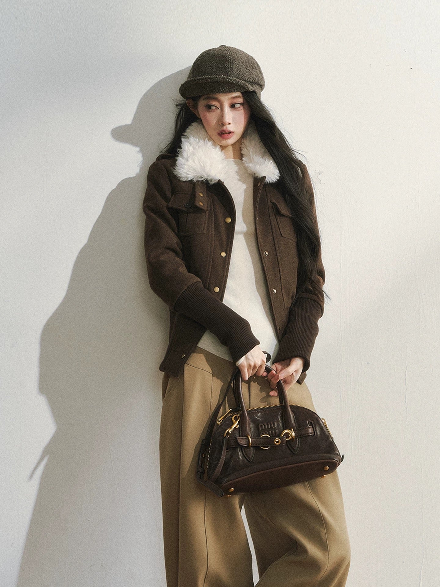 7Shiftin Original Design High-End Retro Casual Slim Fit Fashion Brown Wool Coat Top