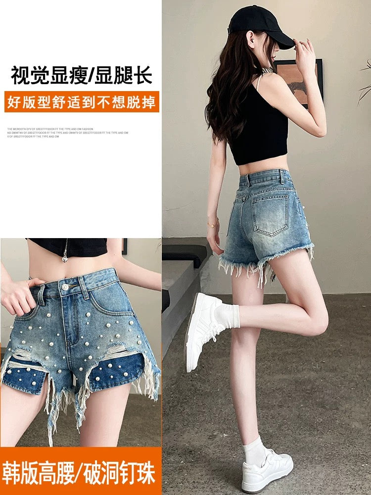 Retro pearl denim shorts women 2025 summer thin high waist design beaded hole a hot girl hot pants