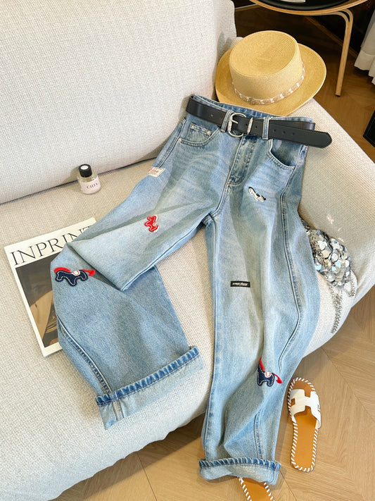 Blue cartoon embroidered high-waisted wide-leg jeans for women, new summer 2026 style, super cute and versatile straight leg pants.