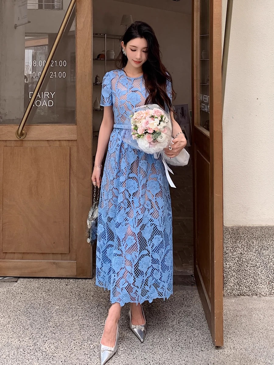 Blue heavy lace hollow lily round neck short-sleeved elegant dress high waist slimming long skirt