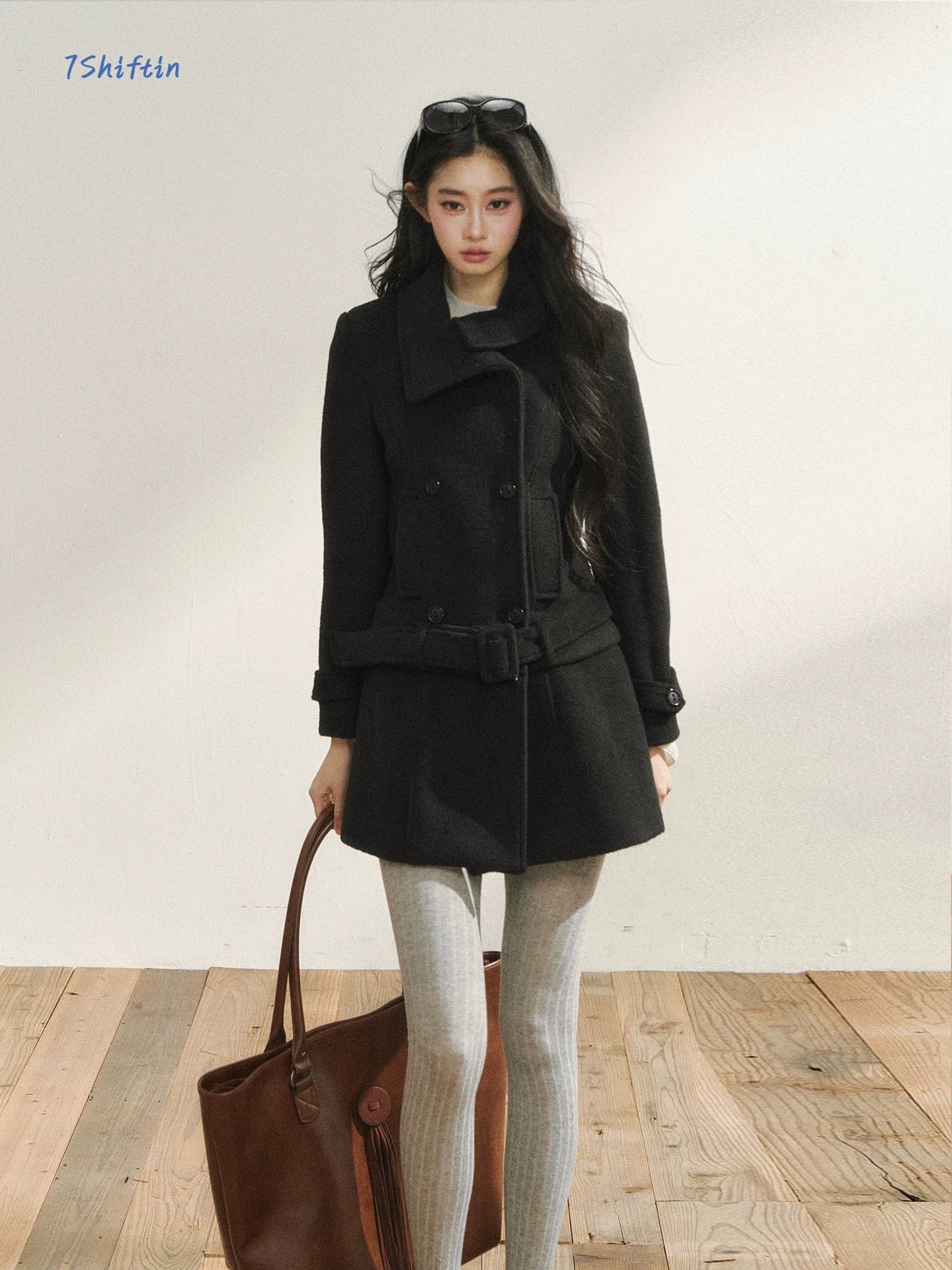 7Shiftin Original Black Wool Coat, Autumn/Winter Style, Double-Breasted, Premium, Detachable Hem