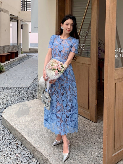 Blue heavy lace hollow lily round neck short-sleeved elegant dress high waist slimming long skirt