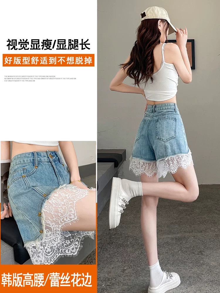 Lace denim shorts for women 2025 summer A-line high waist raw edge French ballet style wide leg four-quarter pants