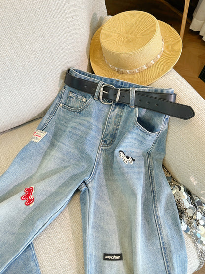 Blue cartoon embroidered high-waisted wide-leg jeans for women, new summer 2026 style, super cute and versatile straight leg pants.