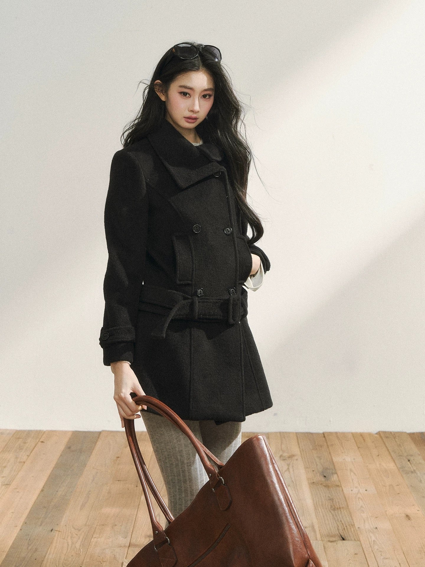 7Shiftin Original Black Wool Coat, Autumn/Winter Style, Double-Breasted, Premium, Detachable Hem