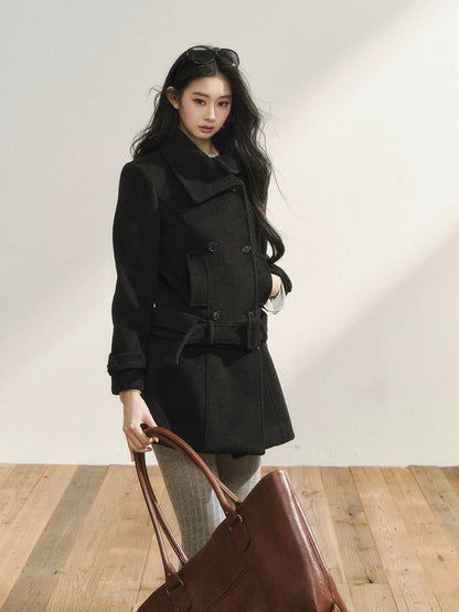 7Shiftin Original Black Wool Coat, Autumn/Winter Style, Double-Breasted, Premium, Detachable Hem