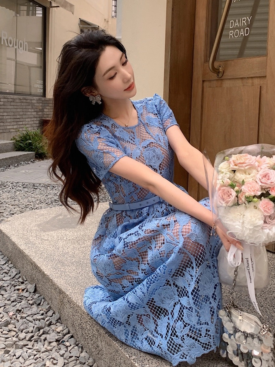Blue heavy lace hollow lily round neck short-sleeved elegant dress high waist slimming long skirt