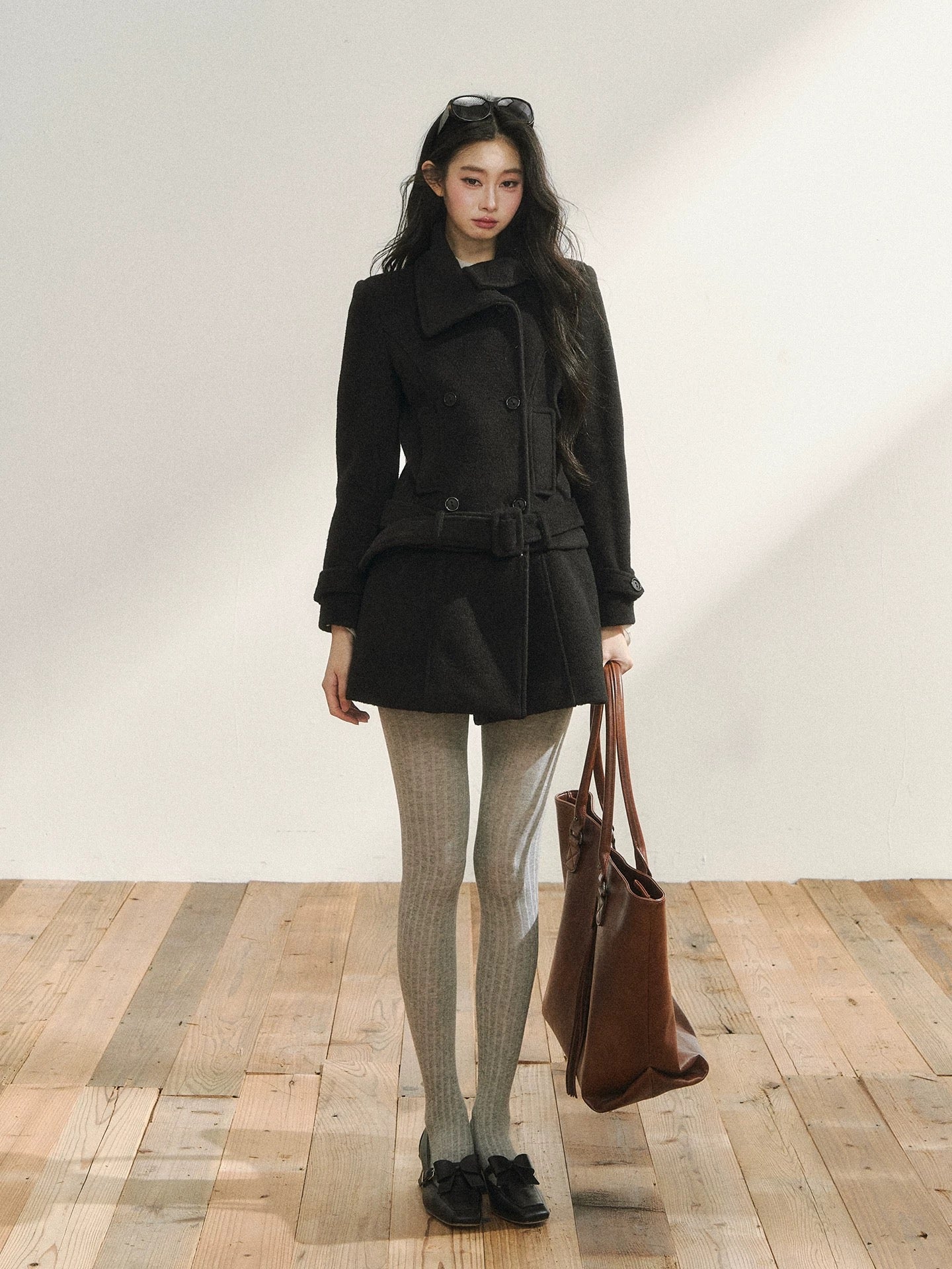 7Shiftin Original Black Wool Coat, Autumn/Winter Style, Double-Breasted, Premium, Detachable Hem