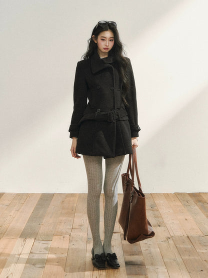 7Shiftin Original Black Wool Coat, Autumn/Winter Style, Double-Breasted, Premium, Detachable Hem