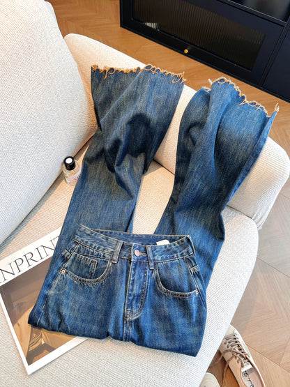 Blue retro embroidered high-waisted flared jeans for women, new summer 2026 style, super cute wide-leg pants.