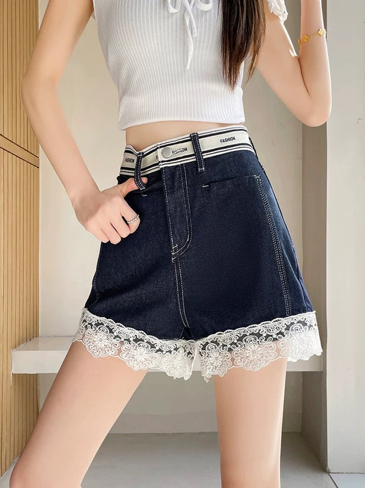 Denim blue denim shorts women 2025 summer thin design lace stitching European goods hot girl shorts