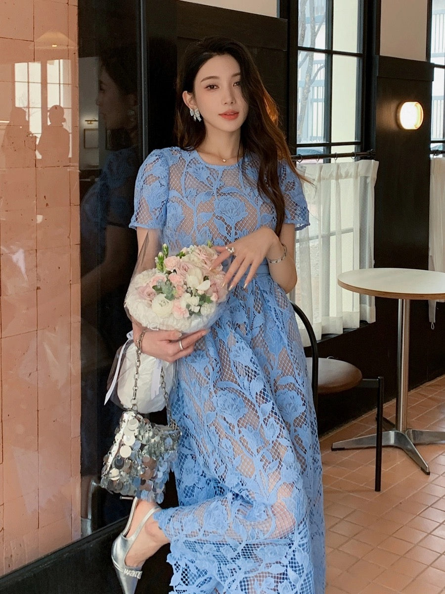 Blue heavy lace hollow lily round neck short-sleeved elegant dress high waist slimming long skirt