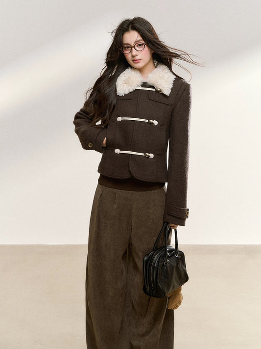 7Shiftin Original Autumn/Winter Brown Slim Fit Horn Button Patchwork Coat with Fur Collar Women's Short Top