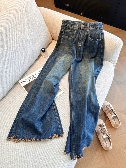 Blue retro embroidered high-waisted flared jeans for women, new summer 2026 style, super cute wide-leg pants.