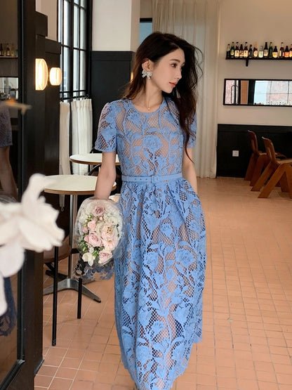 Blue heavy lace hollow lily round neck short-sleeved elegant dress high waist slimming long skirt