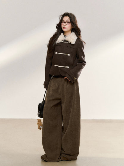 7Shiftin Original Autumn/Winter Brown Slim Fit Horn Button Patchwork Coat with Fur Collar Women's Short Top