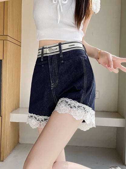 Denim blue denim shorts women 2025 summer thin design lace stitching European goods hot girl shorts