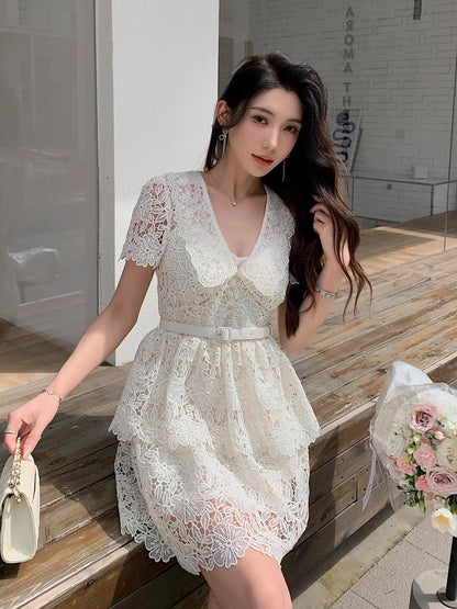 French retro style short-sleeved V-neck ivory lace cake dress waisted short skirt summer women's style